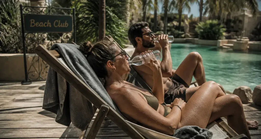 Marrakech plage : transat et piscine turquoise dans un beach club