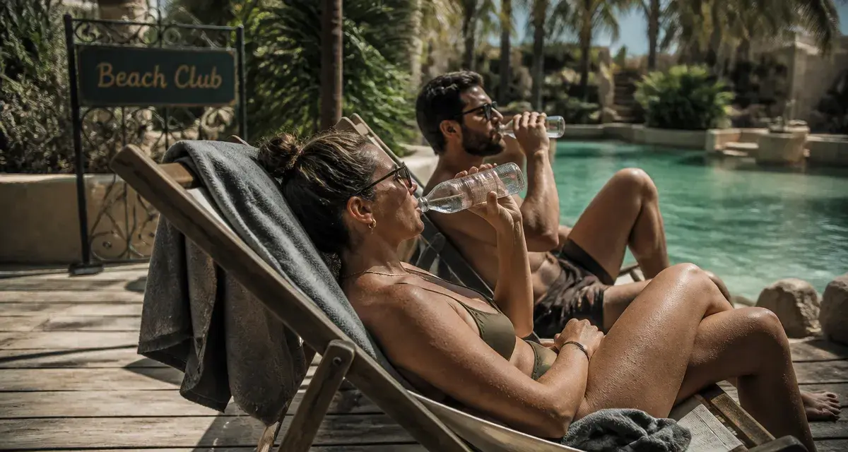 Marrakech plage : transat et piscine turquoise dans un beach club