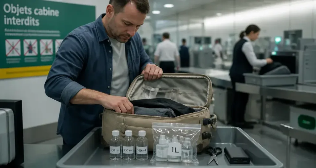 Objet interdit avion : valise cabine ouverte, flacons 100 ml et objets contrôlés