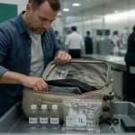 Objet interdit avion : valise cabine ouverte, flacons 100 ml et objets contrôlés