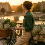 cycliste avec panier velo rempli sur un pont urbain