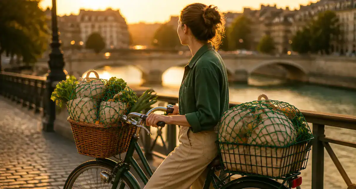 cycliste avec panier velo rempli sur un pont urbain
