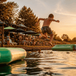Enfant sautant dans un parc aquatique Lyon au soleil