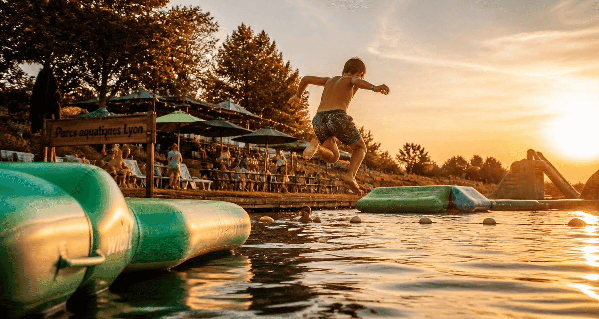 Enfant sautant dans un parc aquatique Lyon au soleil