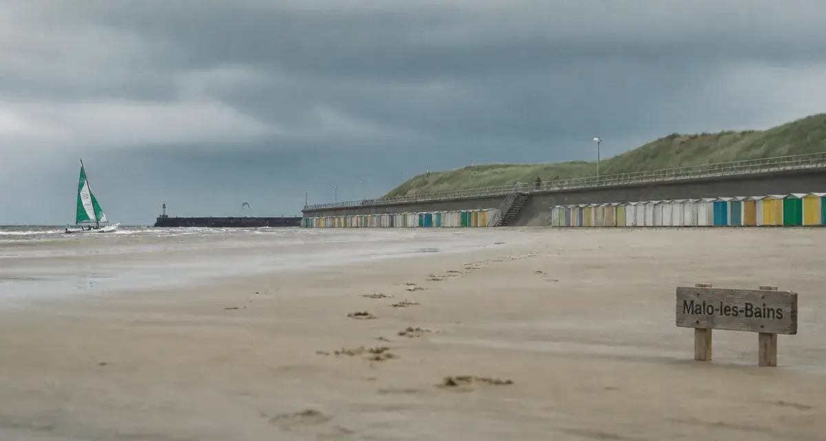 Plage du nord : sable mouillé, traces de pas, cabines et digue à marée basse