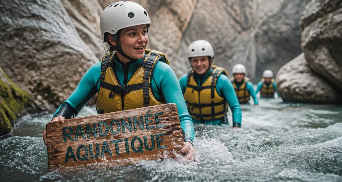 rando aquatique en eau vive, équipe avec casque et gilet