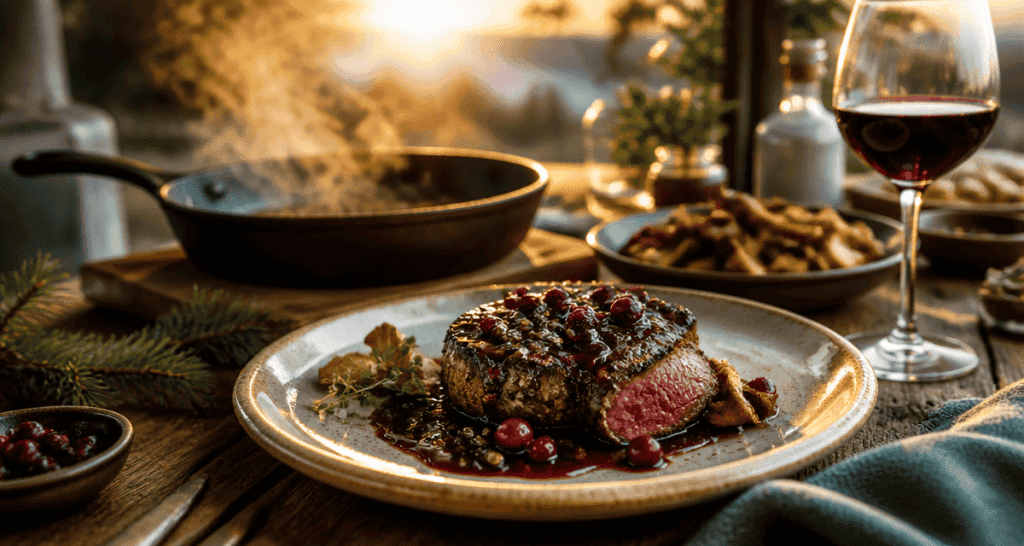 recette filet de sanglier à la poêle sur assiette, sauce airelles