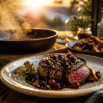 recette filet de sanglier à la poêle sur assiette, sauce airelles