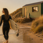 Surfeuse marche vers l’océan à l’aube