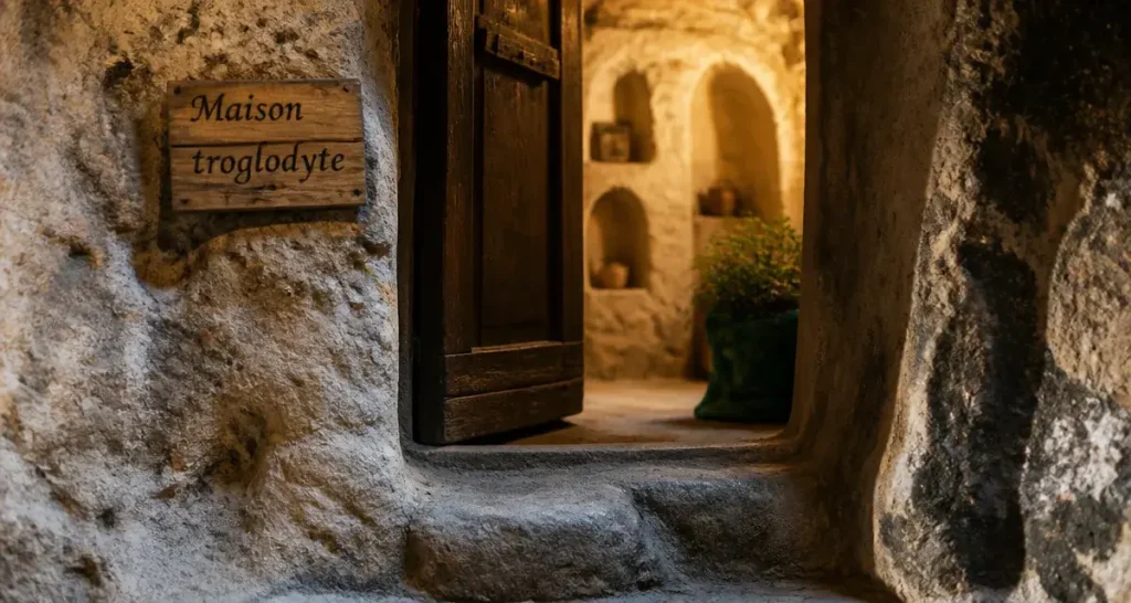 Turquie maison troglodyte : entrée troglodyte à Göreme, porte en bois et parois en tuf