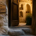 Turquie maison troglodyte : entrée troglodyte à Göreme, porte en bois et parois en tuf