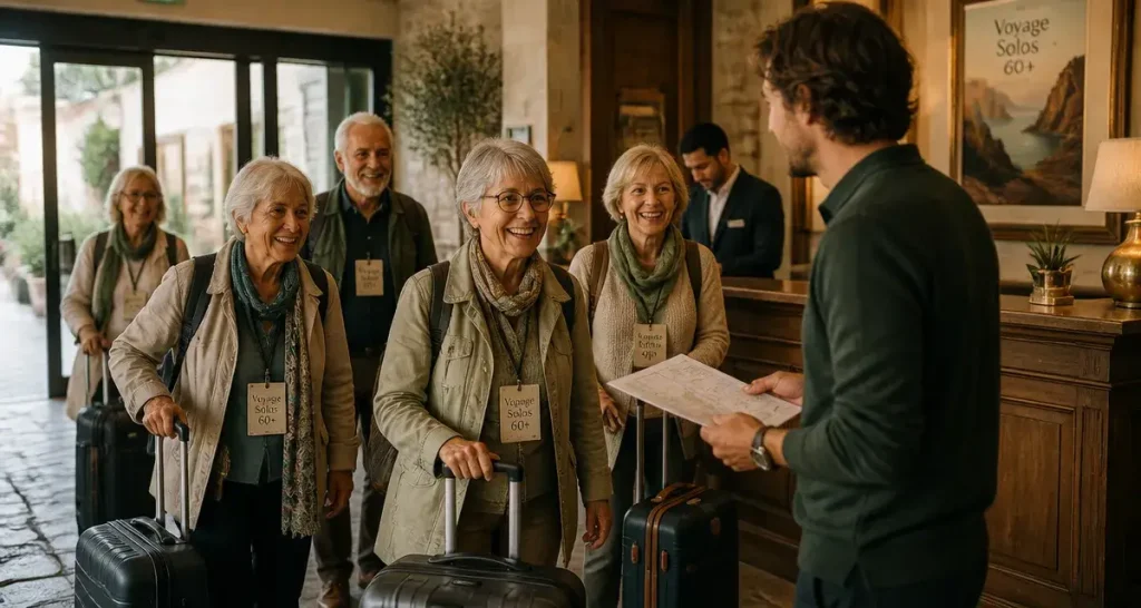 Voyages organisés pour personnes seules 60 ans : seniors solos à l’arrivée en hôtel, guide francophone.