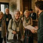 Voyages organisés pour personnes seules 60 ans : seniors solos à l’arrivée en hôtel, guide francophone.