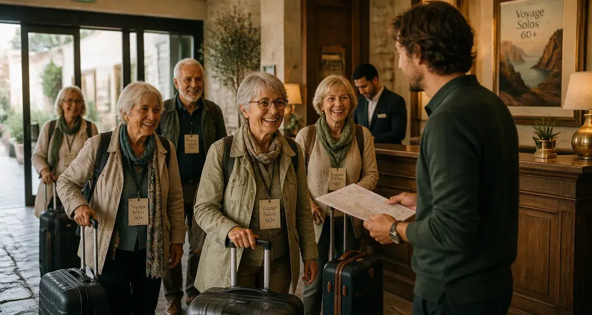 Voyages organisés pour personnes seules 60 ans : seniors solos à l’arrivée en hôtel, guide francophone.