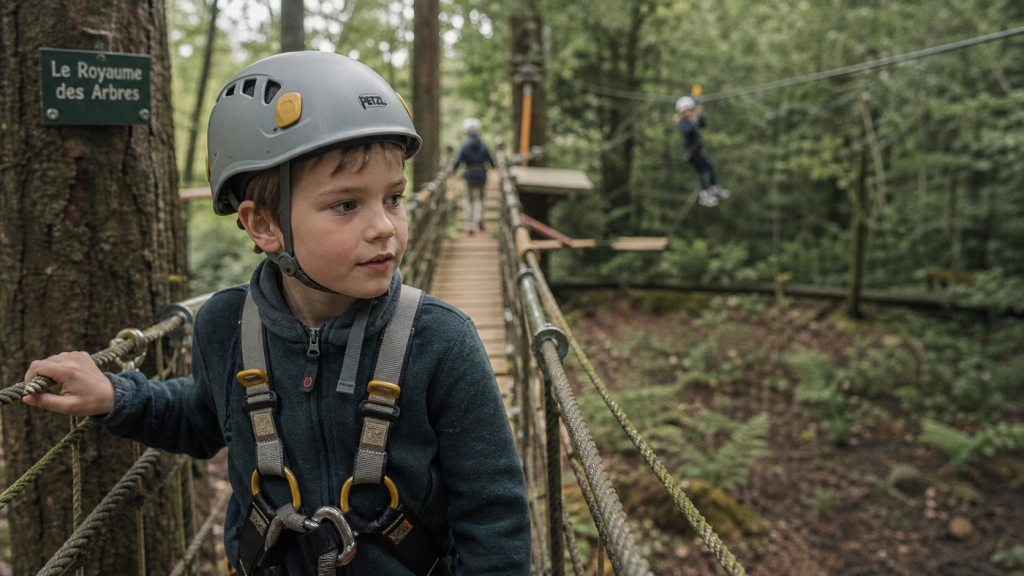 Accrobranche le Castellet : enfant en harnais sur passerelle bois dans la forêt