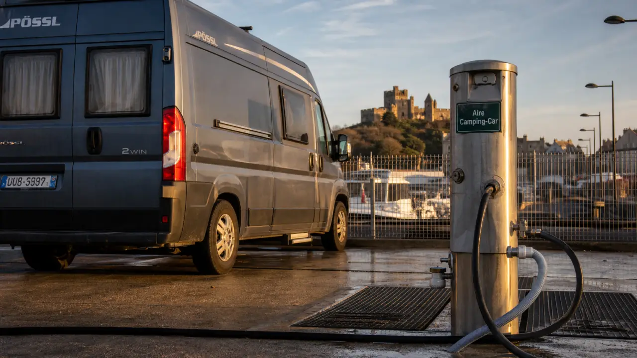 Aire de camping car Pornic : camping-car gris sur aire clôturée avec borne de services