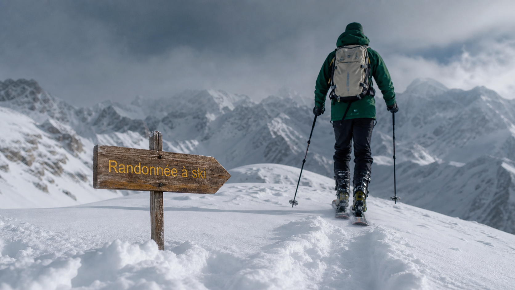 Aventure ski : skieur en randonnée à ski sur neige fraîche, peaux de phoque visibles