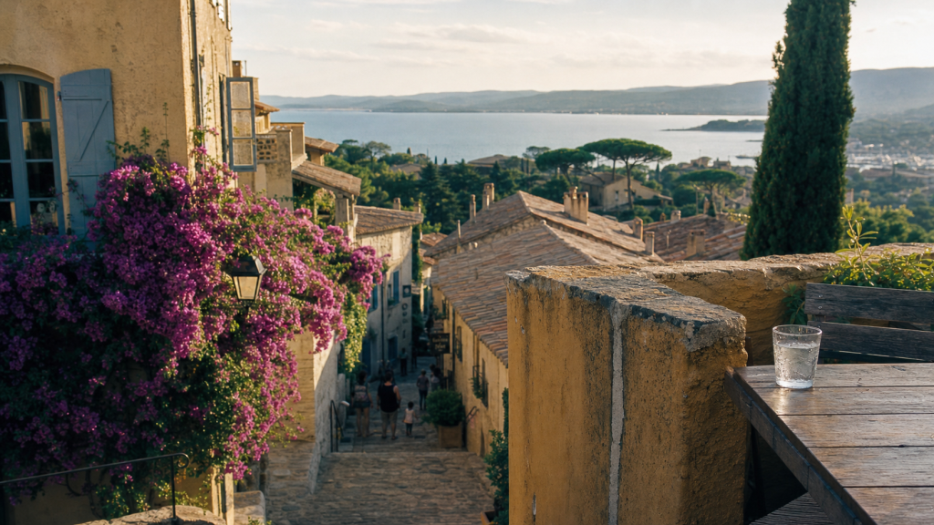 Beaux villages autour de Sainte-Maxime : ruelles de Grimaud vers le golfe de Saint-Tropez