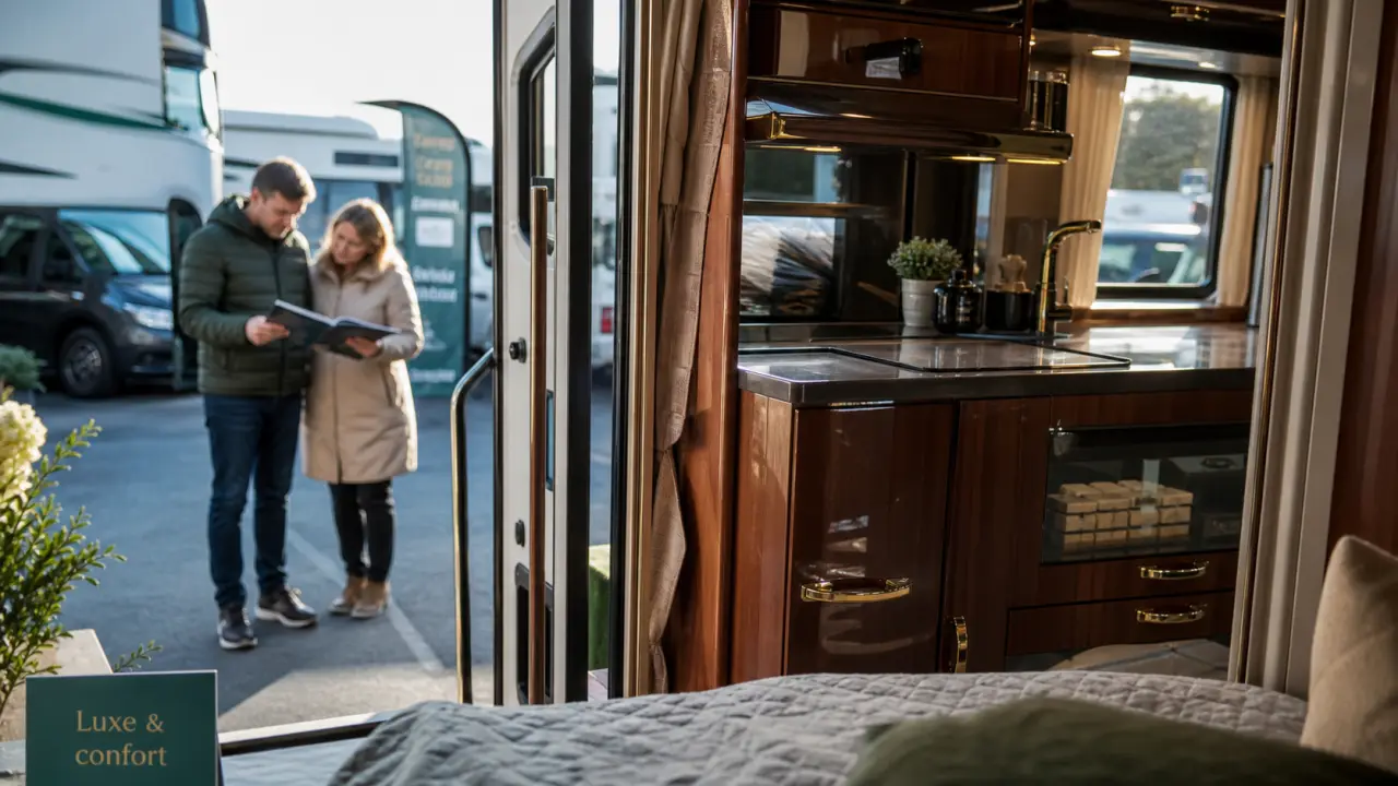Camping car haut de gamme : cuisine et literie de luxe ouvertes sur parking
