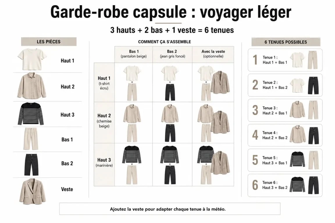 Infographie illustrant la méthode de la garde-robe capsule pour voyager léger en bagage cabine