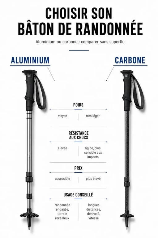 Comparatif visuel d’un baton de randonnee en aluminium et en carbone