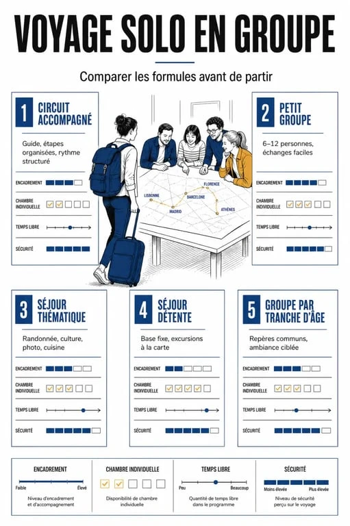 Voyage solo en groupe : illustration éditoriale des formules de séjour et des critères de choix