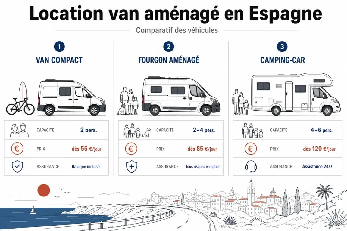 Location van aménagé espagne : comparaison visuelle des types de véhicules, usages et critères de choix