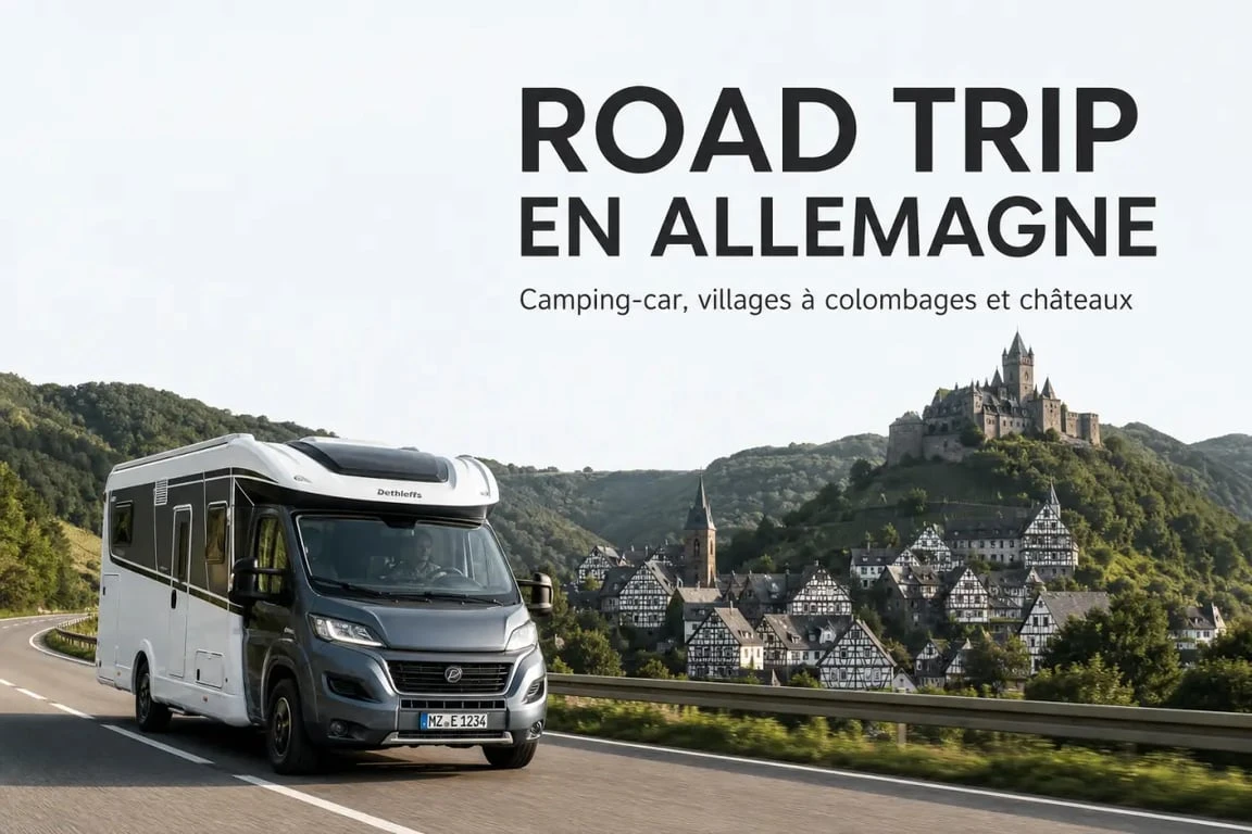 Allemagne en camping car sur une route panoramique avec village à colombages et château au loin