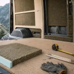 Isolation van aménagé : panneau isolant et mousse collée près des parois
