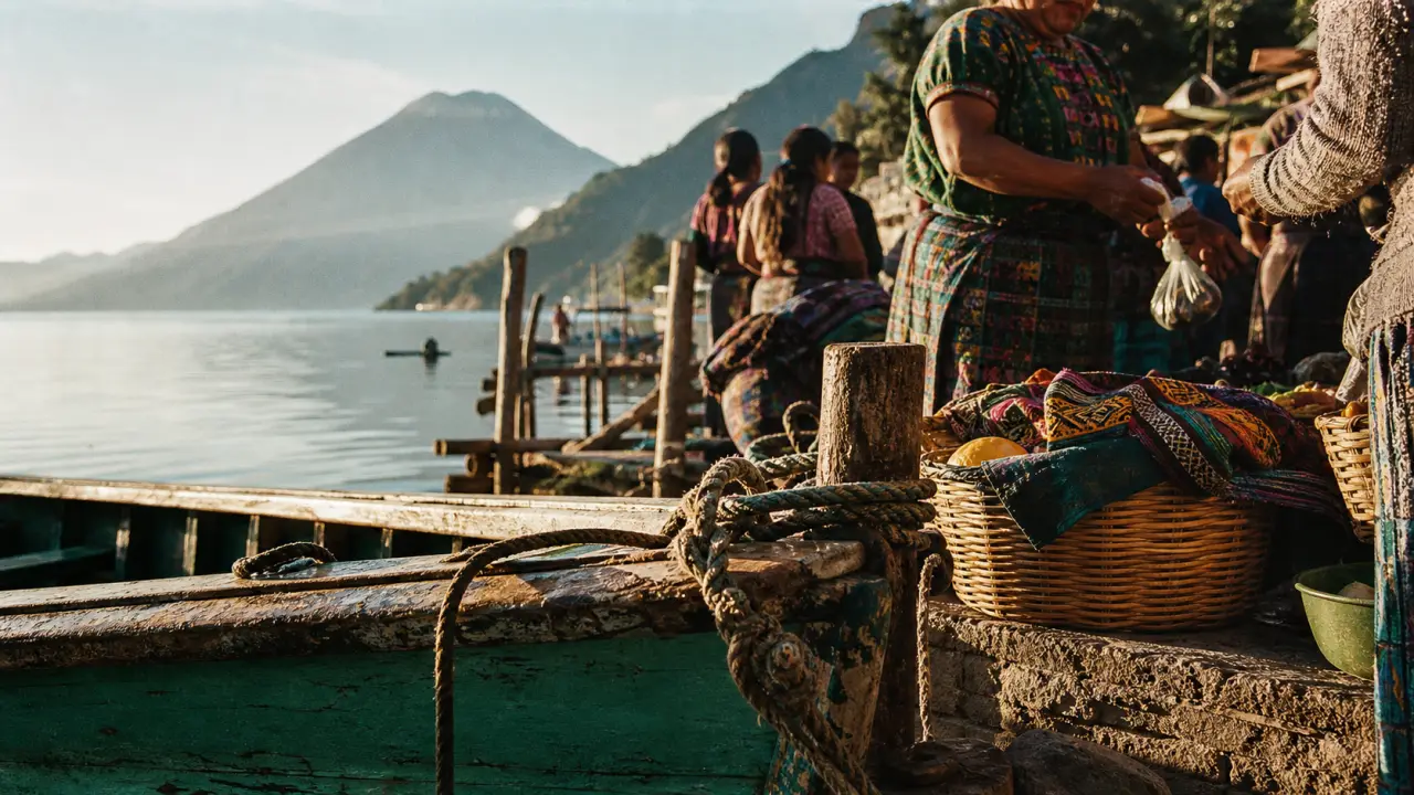 Lake Atitlan, lancha au bord du lac, villages mayas et volcan San Pedro