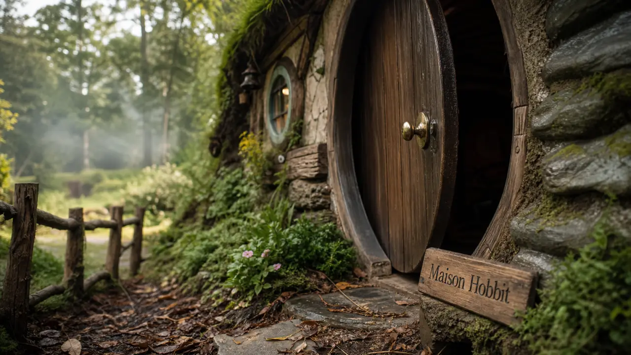 Maison hobbit en France : porte ronde en bois, jardin forestier au matin