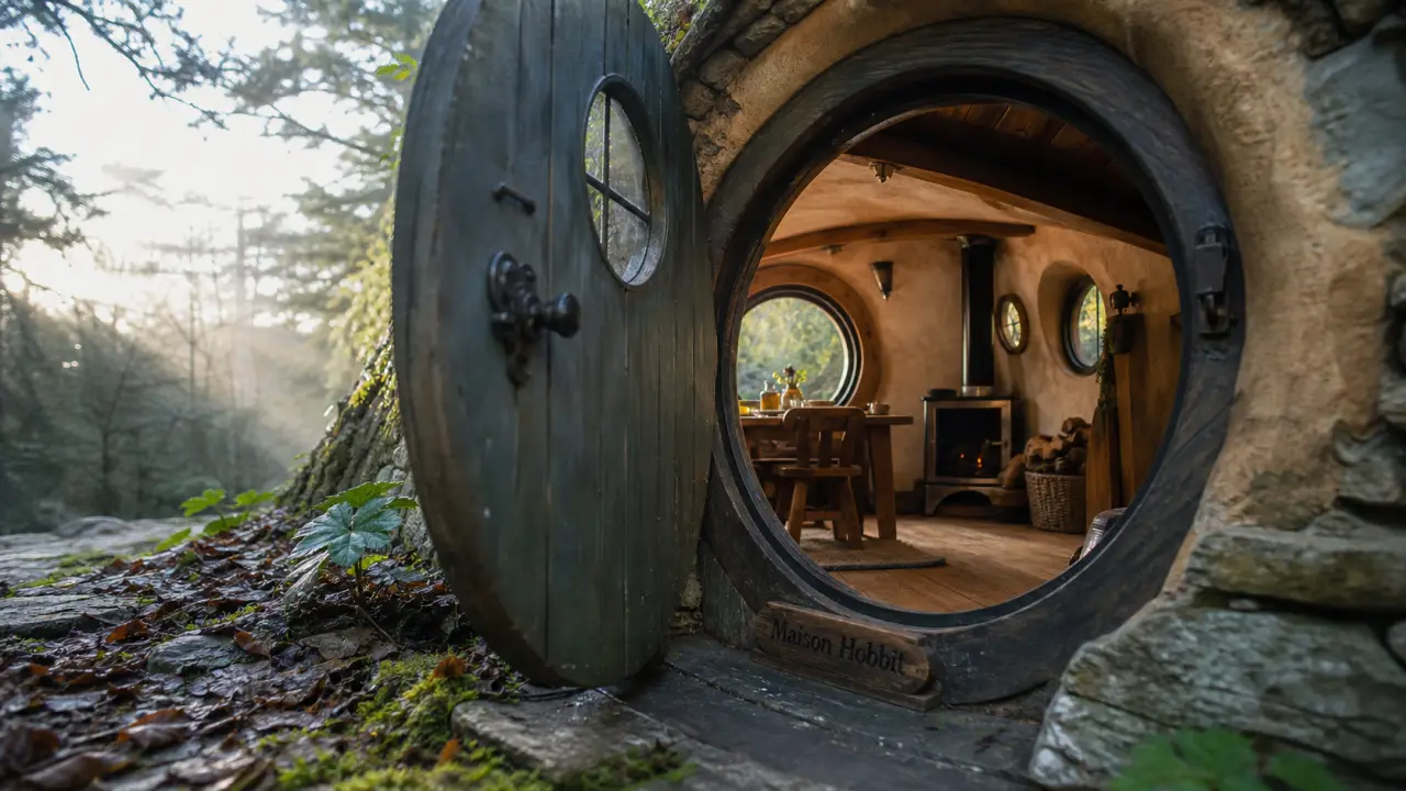 Maison hobbit en France, porte ronde en bois dans une clairière, vue forêt au lever du jour.