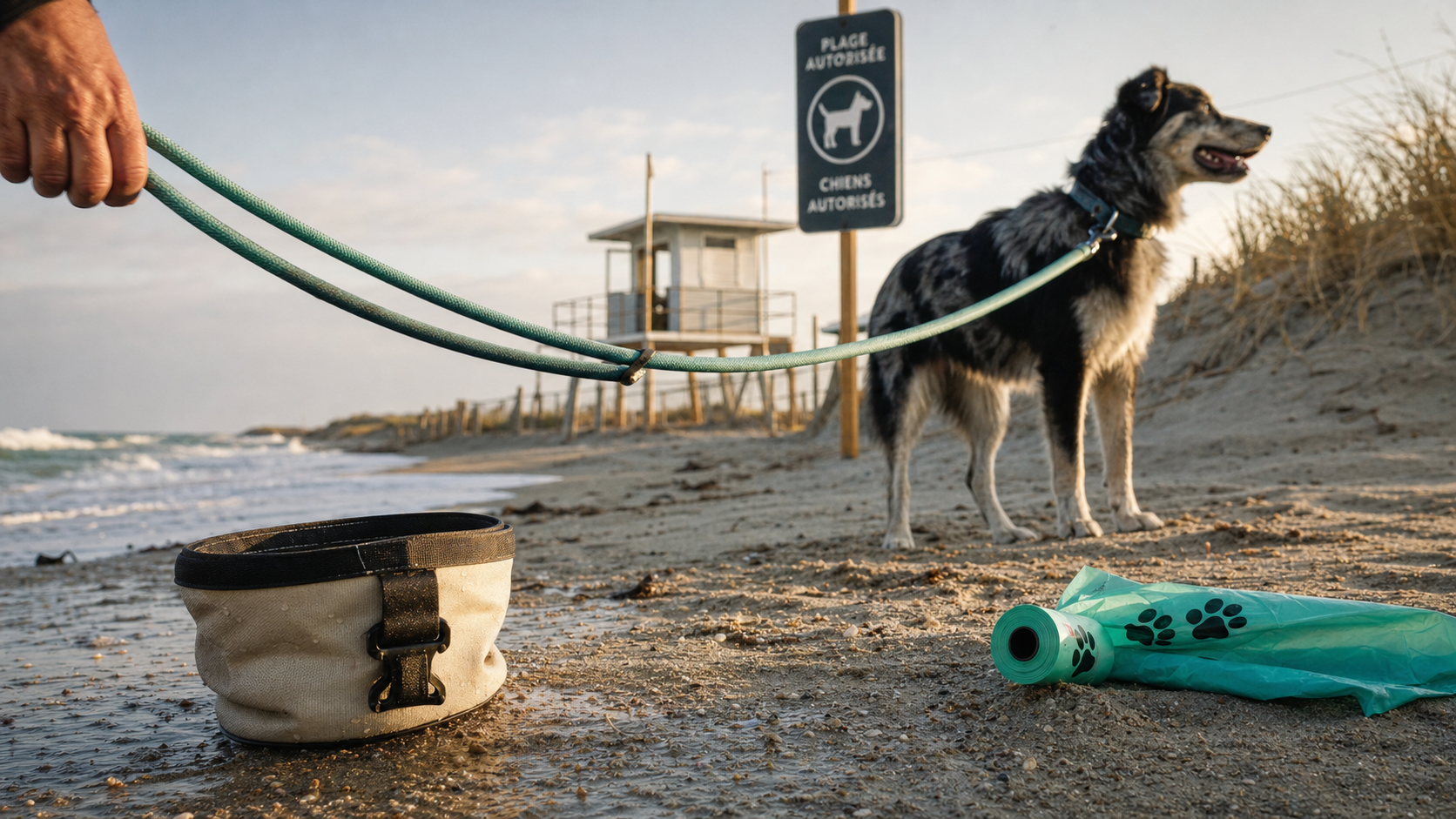 Plage autorisée aux chiens : laisse sur le sable humide, horaires visibles