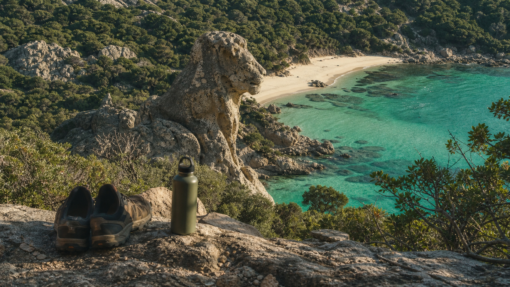 Plage de Roccapina : lion de granite sur sable blanc