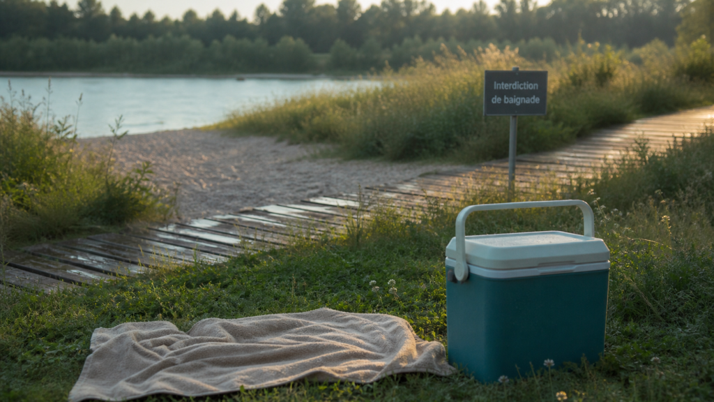 Plage Feyssine au Rhône : interdiction de baignade, serviette et panneau