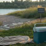 Plage Feyssine au Rhône : interdiction de baignade, serviette et panneau