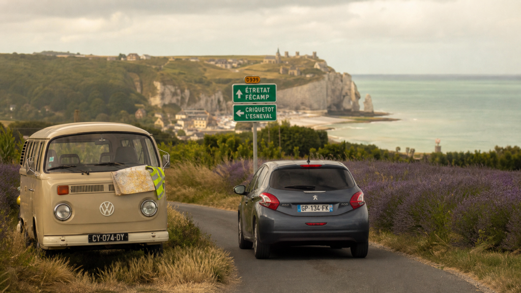 Road trip en France: idées d'itinéraires, voiture sur route entre champs de lavande et côte