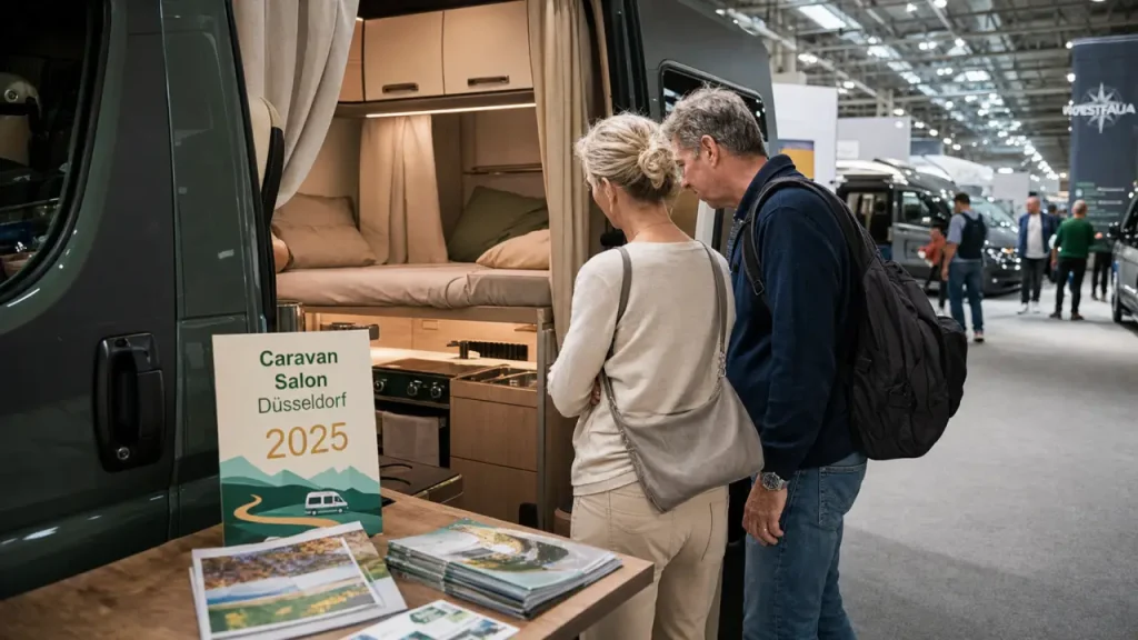 Salon camping car dusseldorf 2025 : couple inspecte un van aménagé au Caravan Salon
