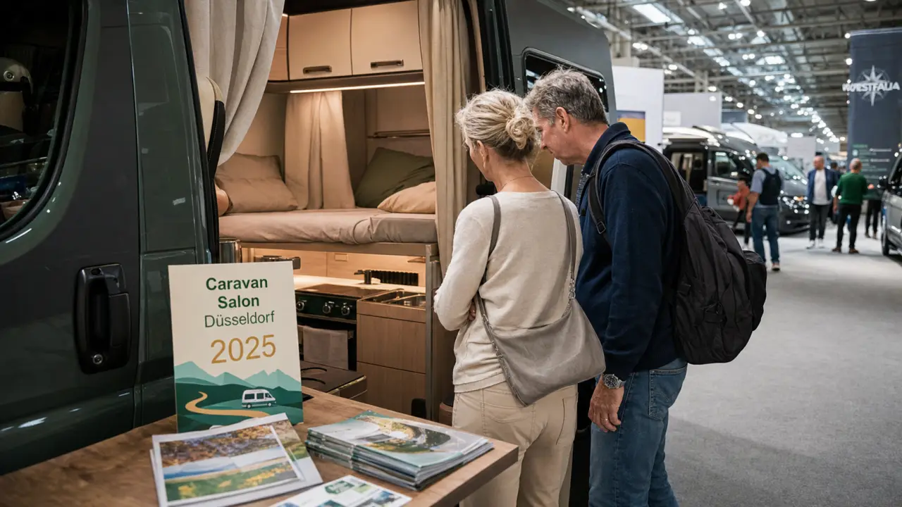 Salon camping car dusseldorf 2025 : couple inspecte un van aménagé au Caravan Salon