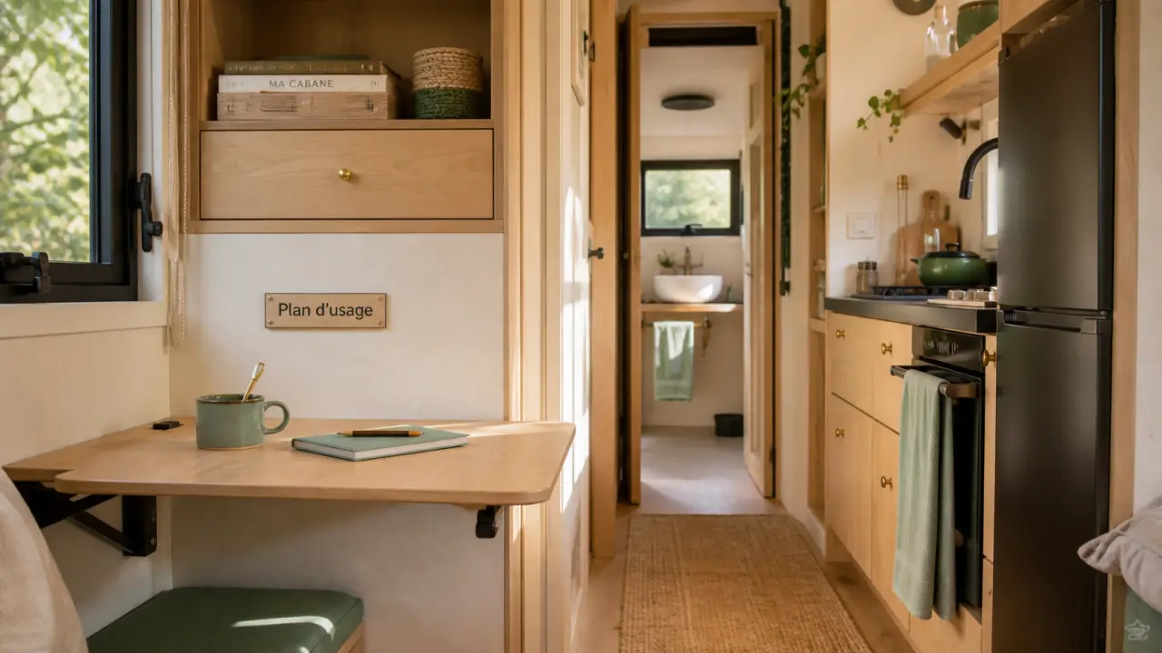 tiny house interieur : plan d’usage, cuisine et couloir dégagé