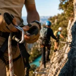 Via ferrata corse sud : guide vérifie la longe, grimpeurs sur ligne de vie