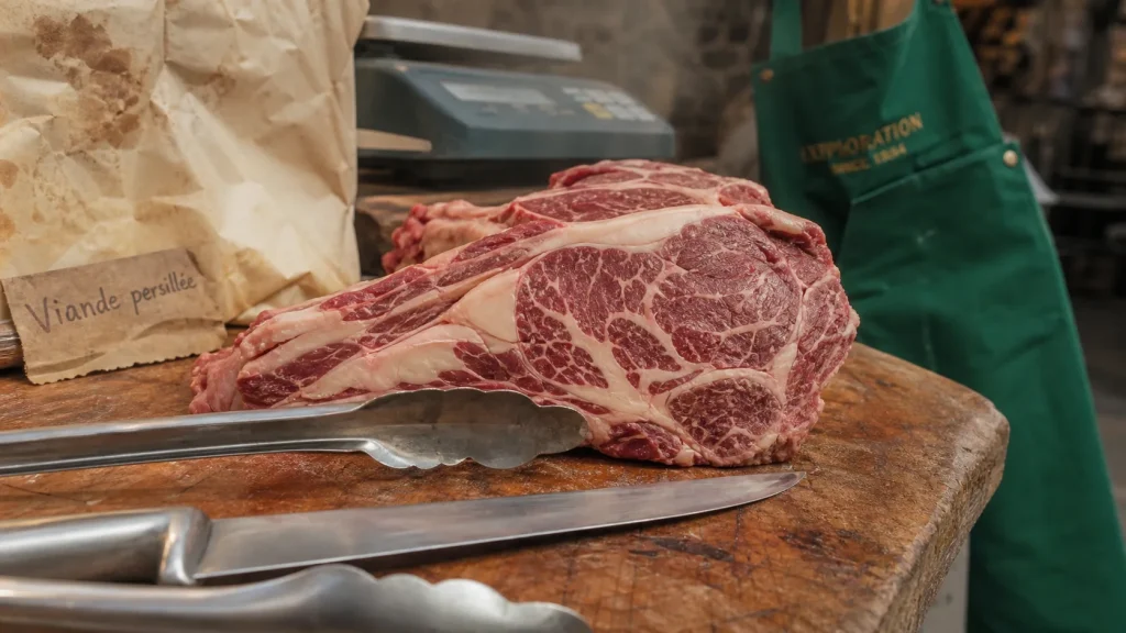 Viande persillée : gros plan côte crue persillée devant boucherie
