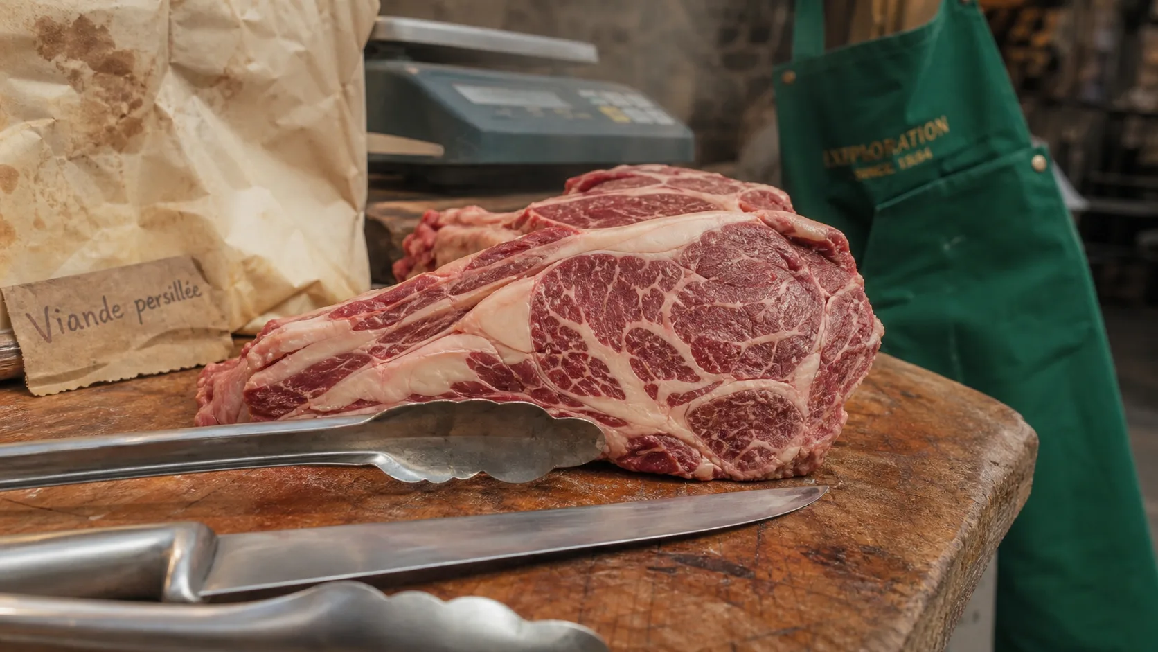 Viande persillée : gros plan côte crue persillée devant boucherie