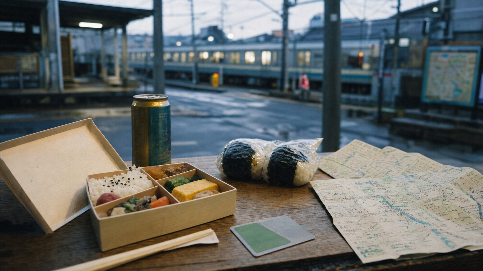 Voyage au Japon : budget et conseils, bento, onigiris et carte Suica sur table