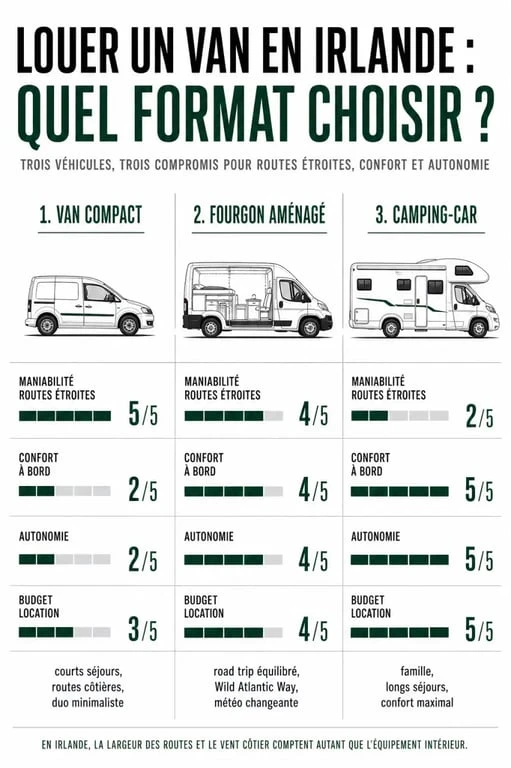 Location van aménagé irlande : infographie comparative des types de véhicules et critères de choix