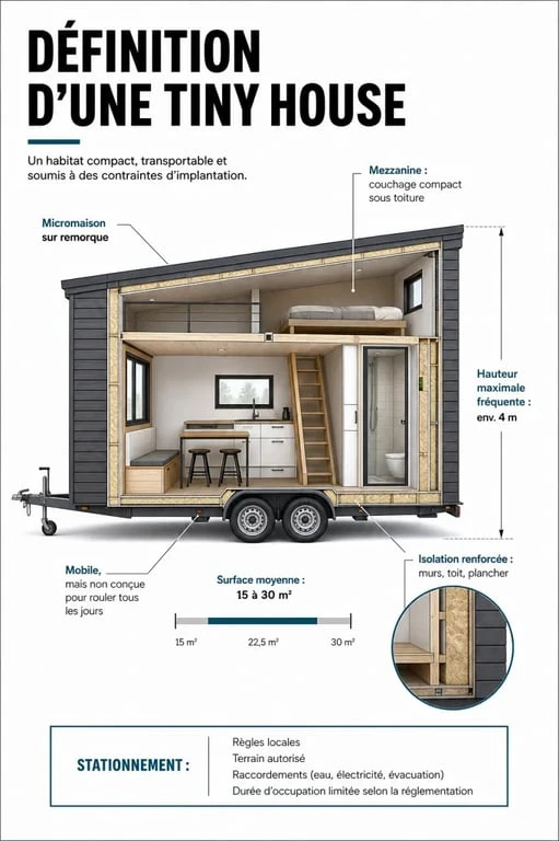 Tiny house definition illustrée avec remorque, dimensions et repères réglementaires