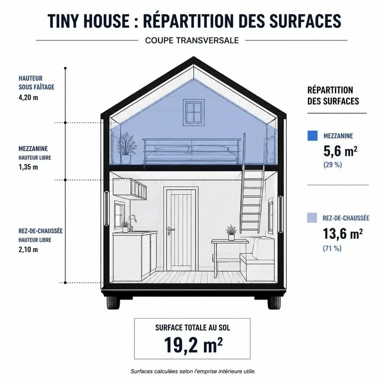 Schéma de répartition de la surface habitable d'une tiny house