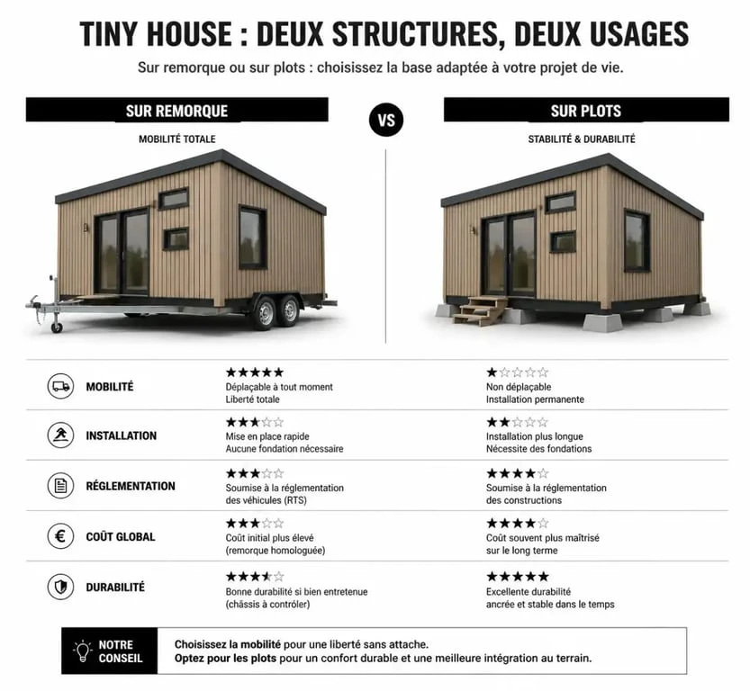 Comparatif technique entre une tiny house fixe sur plots et une tiny house mobile sur remorque