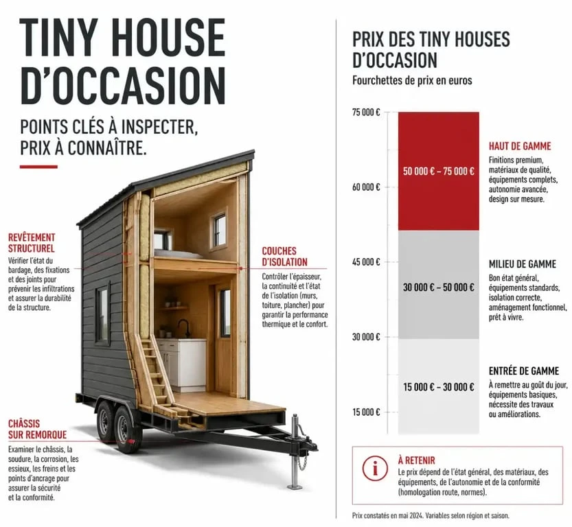 Infographie des points de contrôle et fourchette de prix pour l'achat d'une tiny house d'occasion