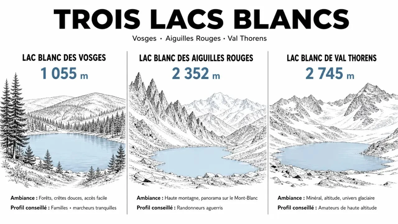 Lac blanc randonnée comparatif des trois sites Lac Blanc des Vosges, Aiguilles Rouges et Val Thorens